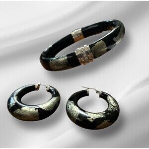 SOHO SLVR Bangle Earrings Diamond  14 CT White Gold Leaf Enamel Sterling Italy